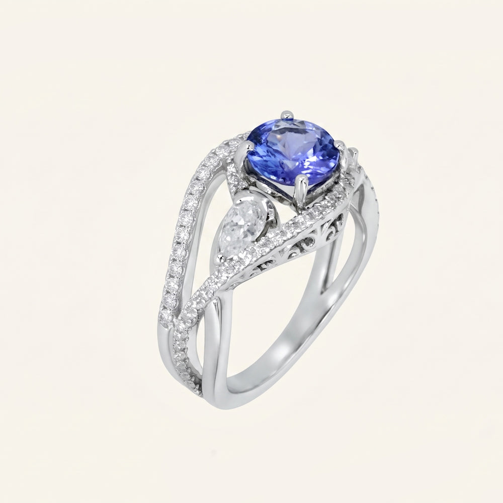 Tanzanite Moissanite Crossover Engagement Ring