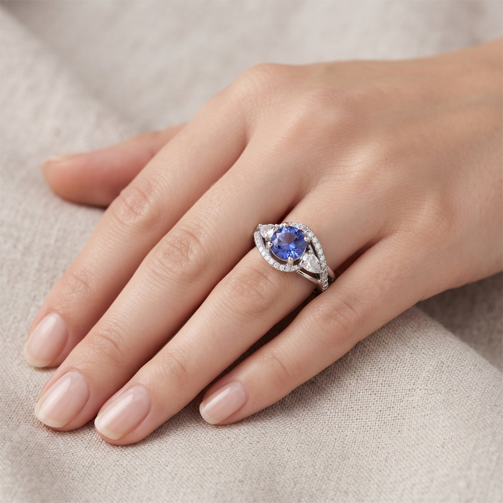 Tanzanite Moissanite Crossover Engagement Ring