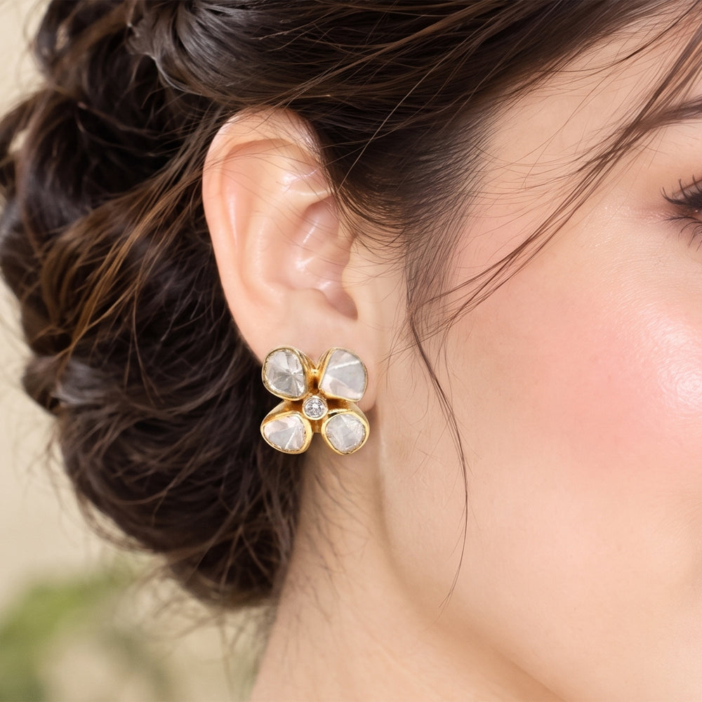 Lab Grown Diamond Polki Floral Stud Earrings