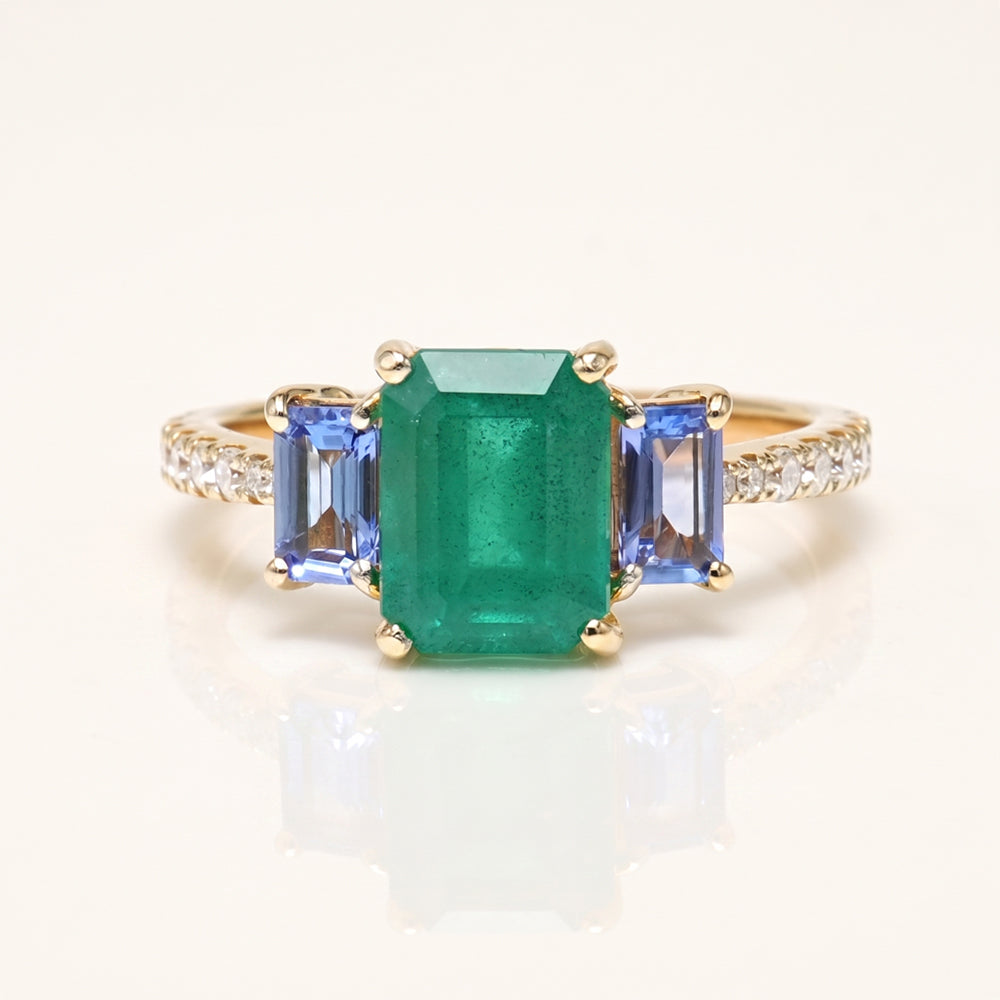 Emerald Tanzanite & Moissanite Three Stone Ring