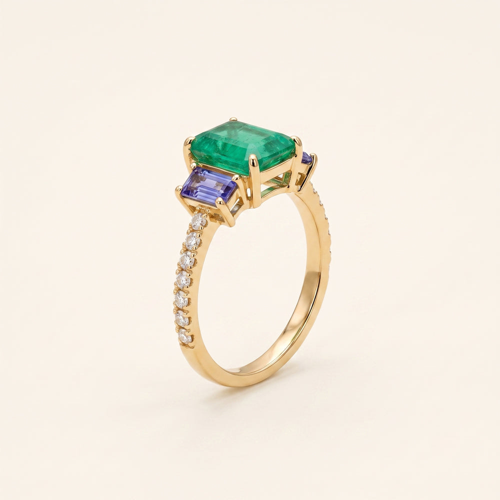 Emerald Tanzanite & Moissanite Three Stone Ring