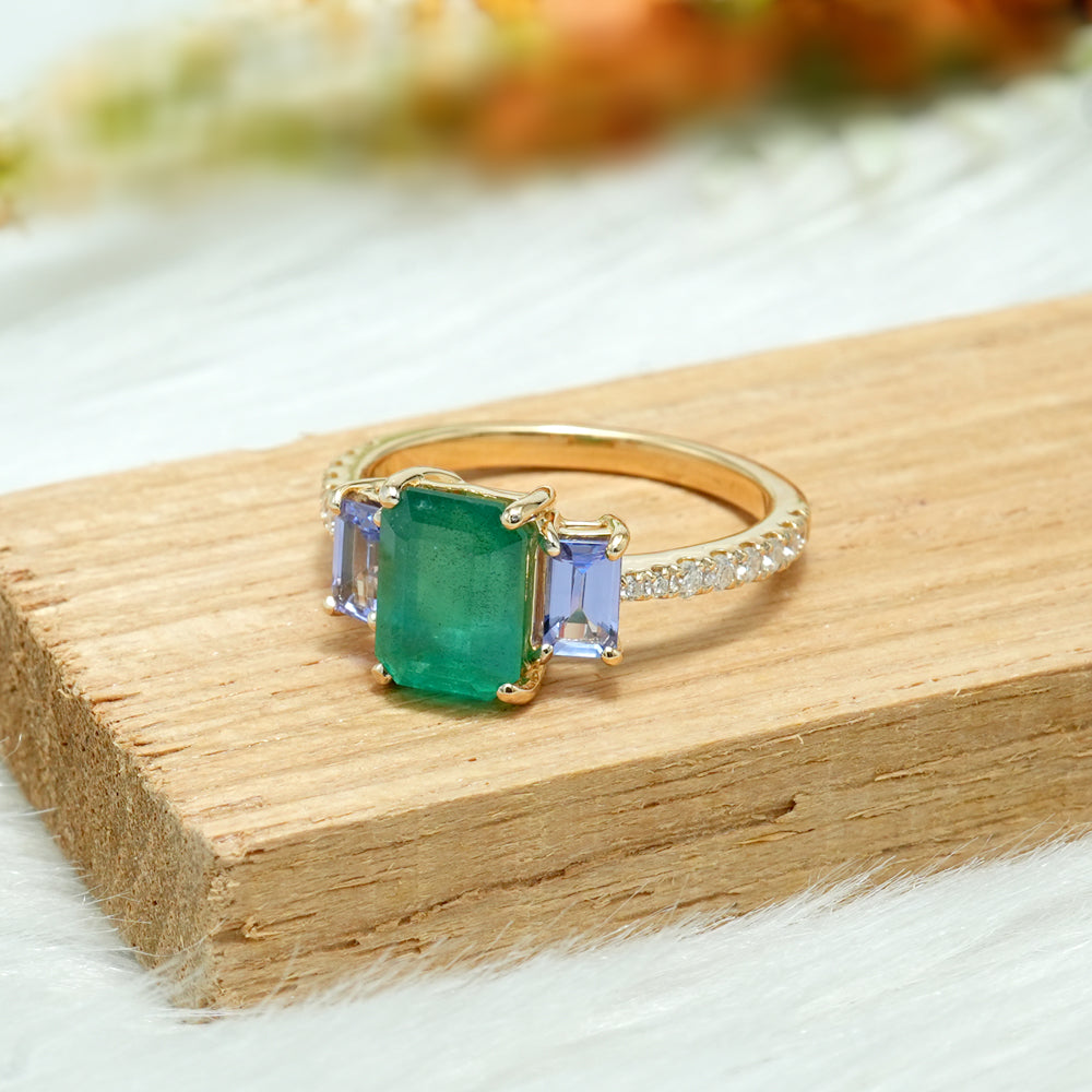Emerald Tanzanite & Moissanite Three Stone Ring