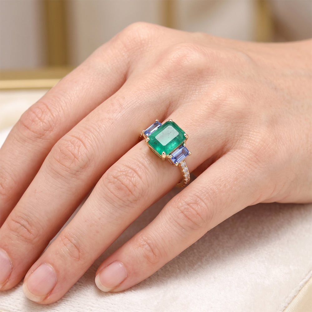 Emerald Tanzanite & Moissanite Three Stone Ring