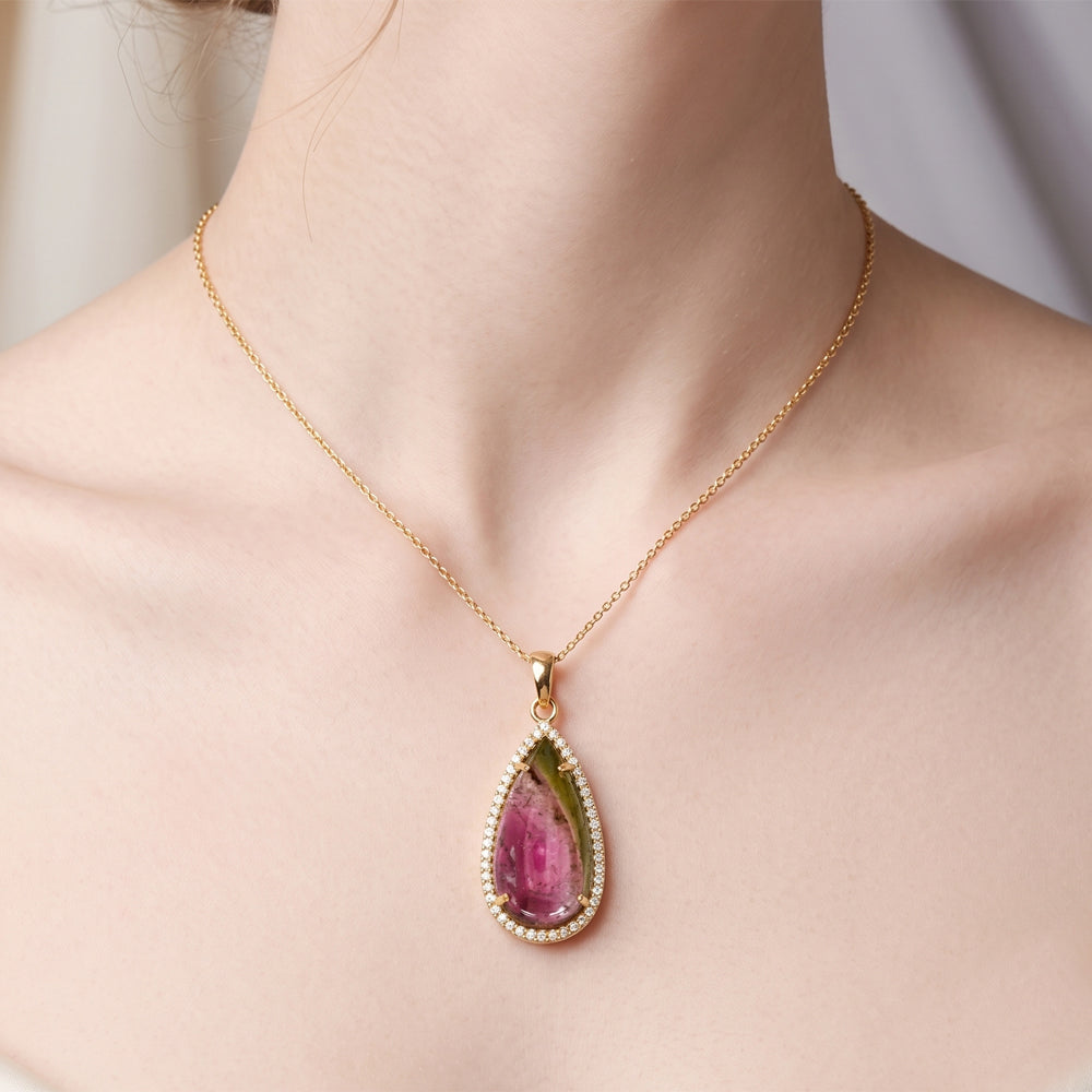 Watermelon Tourmaline & Natural Diamond Pendant