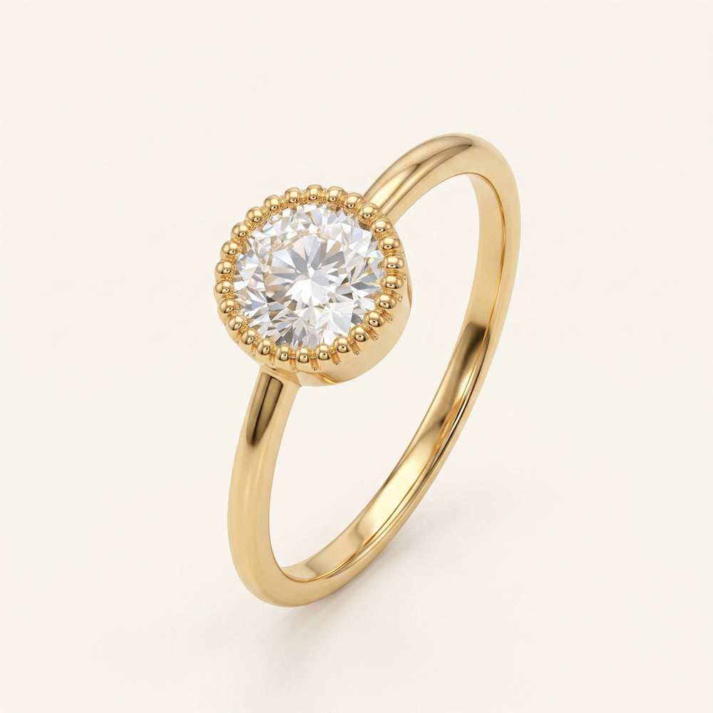 Round Moissanite Beaded Solitaire Engagement Ring