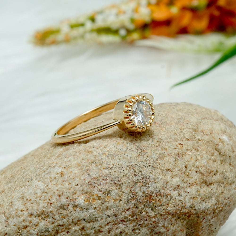 Round Moissanite Beaded Solitaire Engagement Ring