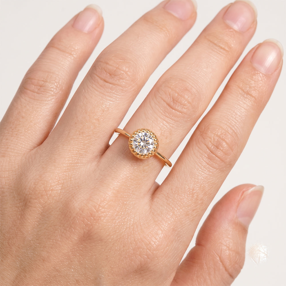 Round Moissanite Beaded Solitaire Engagement Ring