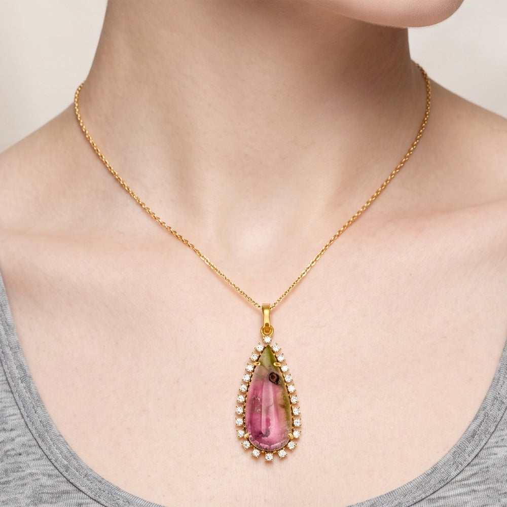 Watermelon Tourmaline & Natural Diamond Pendant