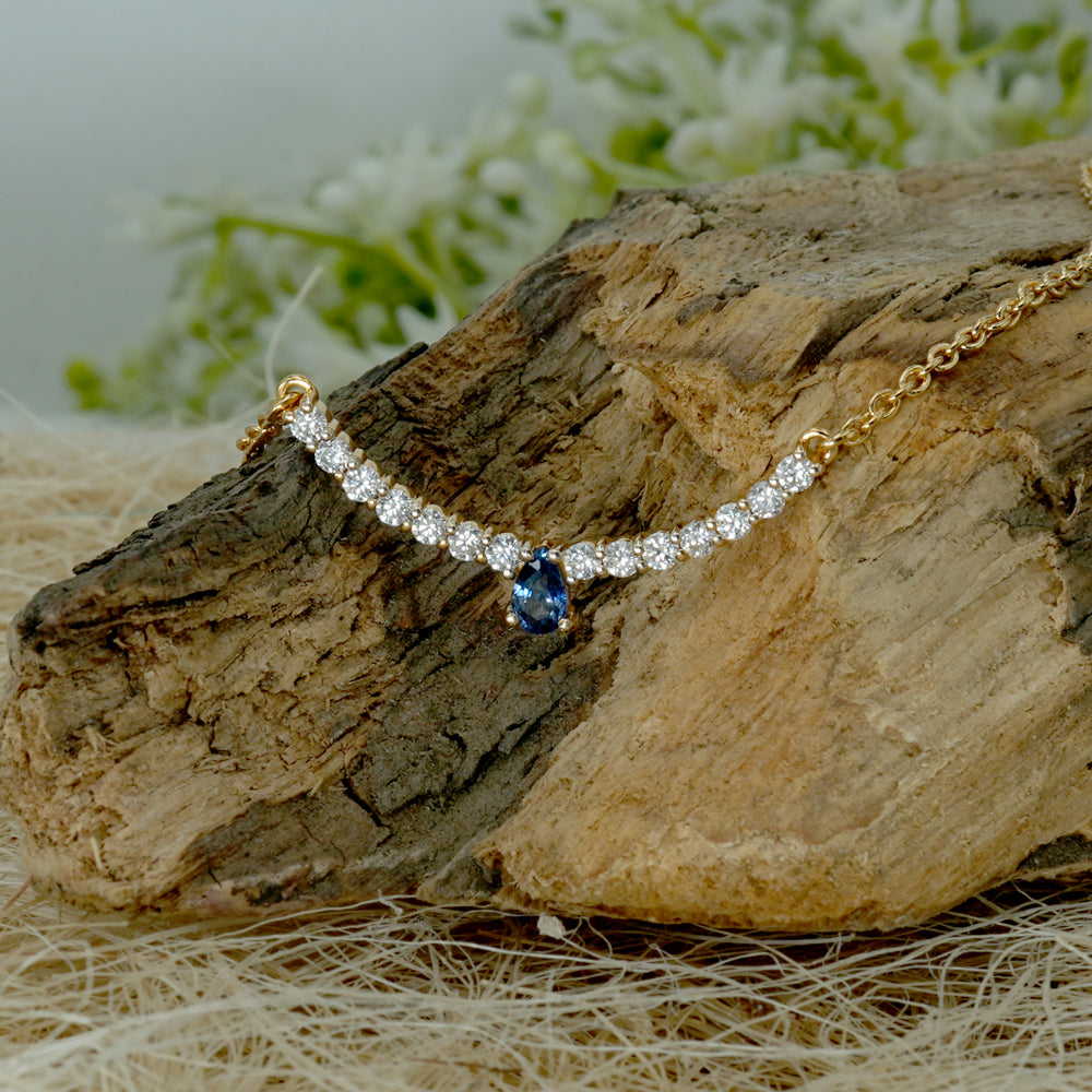Blue Sapphire & Moissanite Curved Bar Necklace