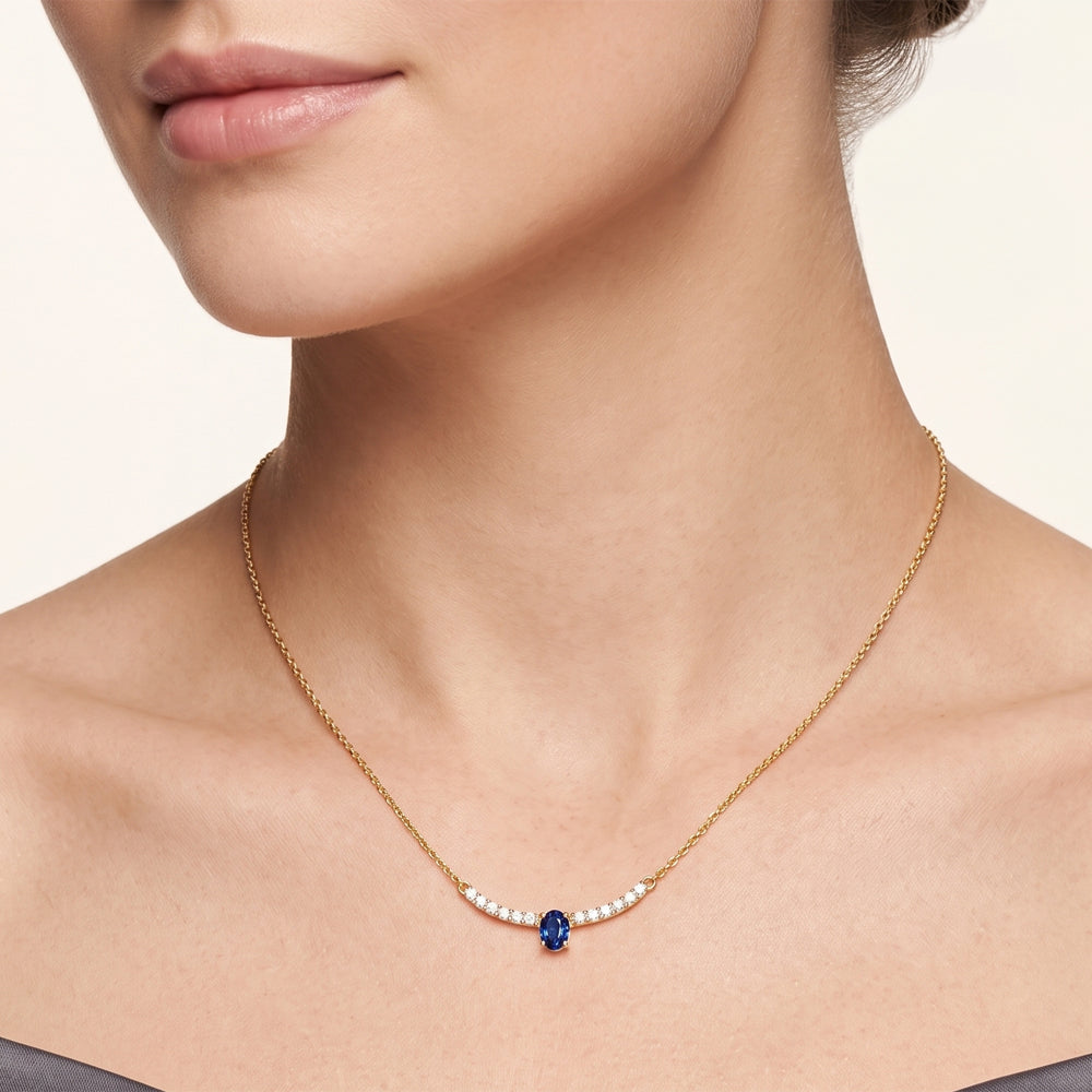 Blue Sapphire & Moissanite Curved Bar Necklace