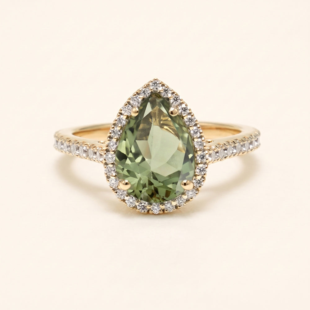 Green Tourmaline & Moissanite Halo Engagement Ring