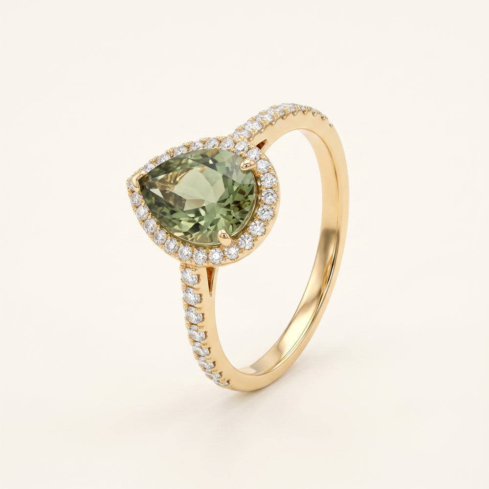 Green Tourmaline & Moissanite Halo Engagement Ring