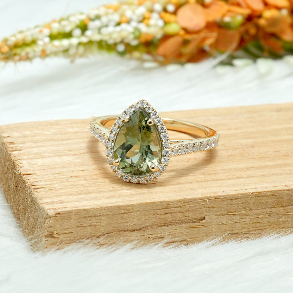 Green Tourmaline & Moissanite Halo Engagement Ring