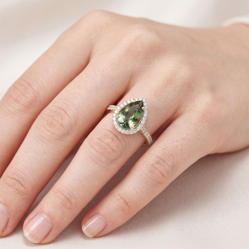 Green Tourmaline & Moissanite Halo Engagement Ring