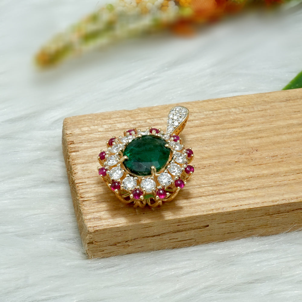 Emerald Ruby Lab Grown Diamond Halo Pendant