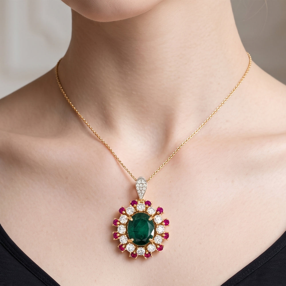 Emerald Ruby Lab Grown Diamond Halo Pendant