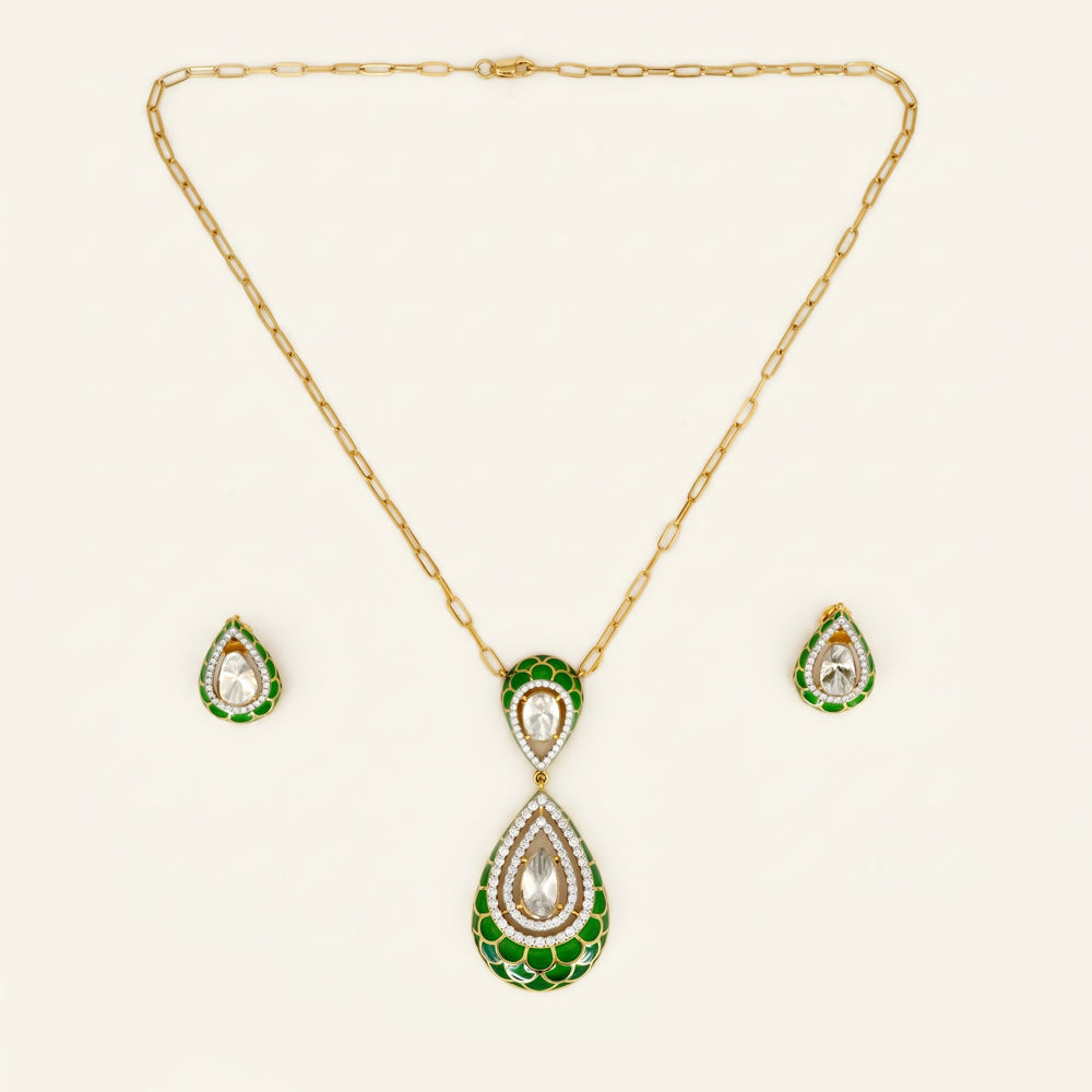 Lab Grown Diamond Polki & Green Enamel Jewellery Set
