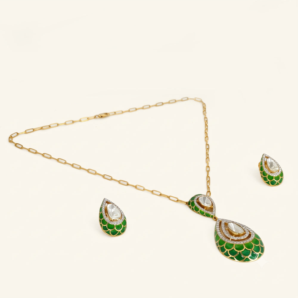 Lab Grown Diamond Polki & Green Enamel Jewellery Set