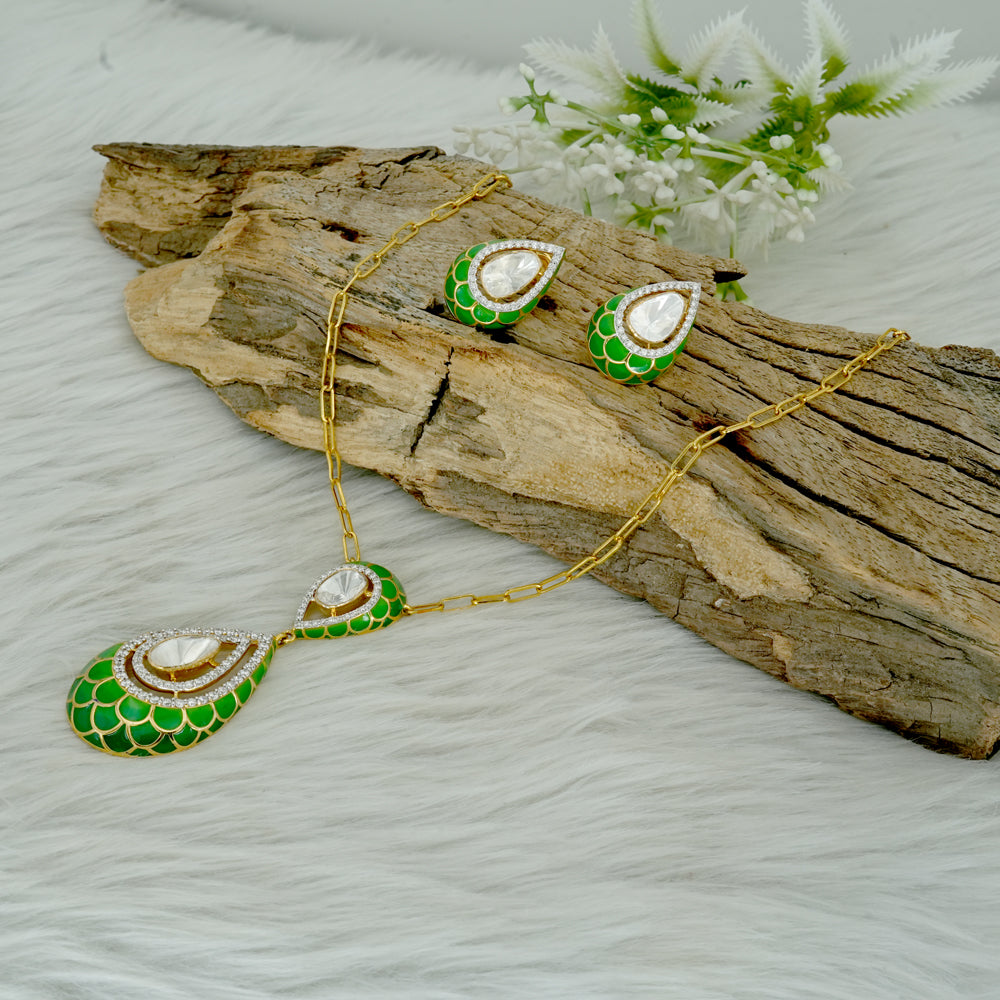 Lab Grown Diamond Polki & Green Enamel Jewellery Set