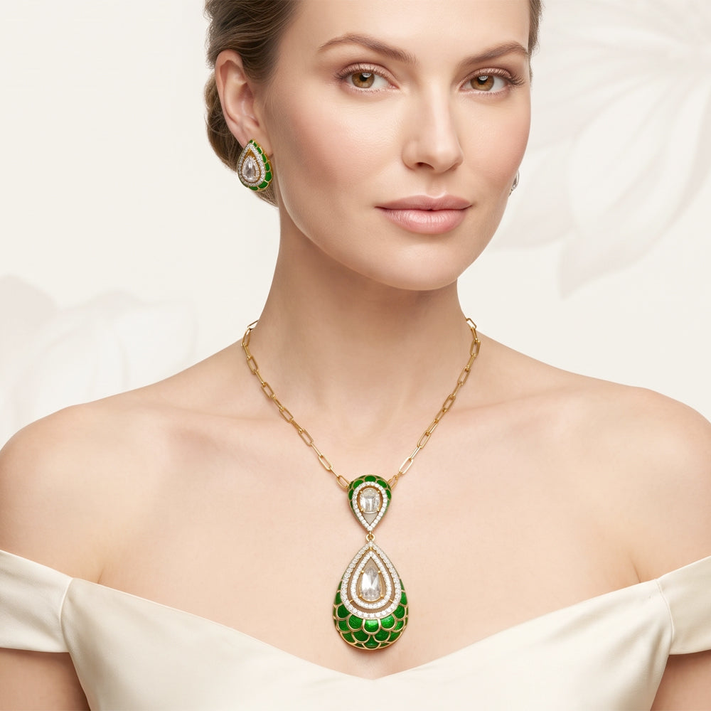 Lab Grown Diamond Polki & Green Enamel Jewellery Set