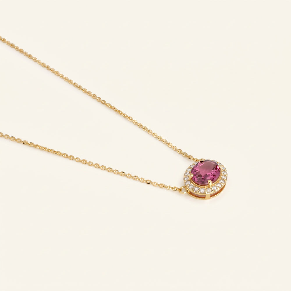 Rubellite & Natural Diamond Halo Necklace