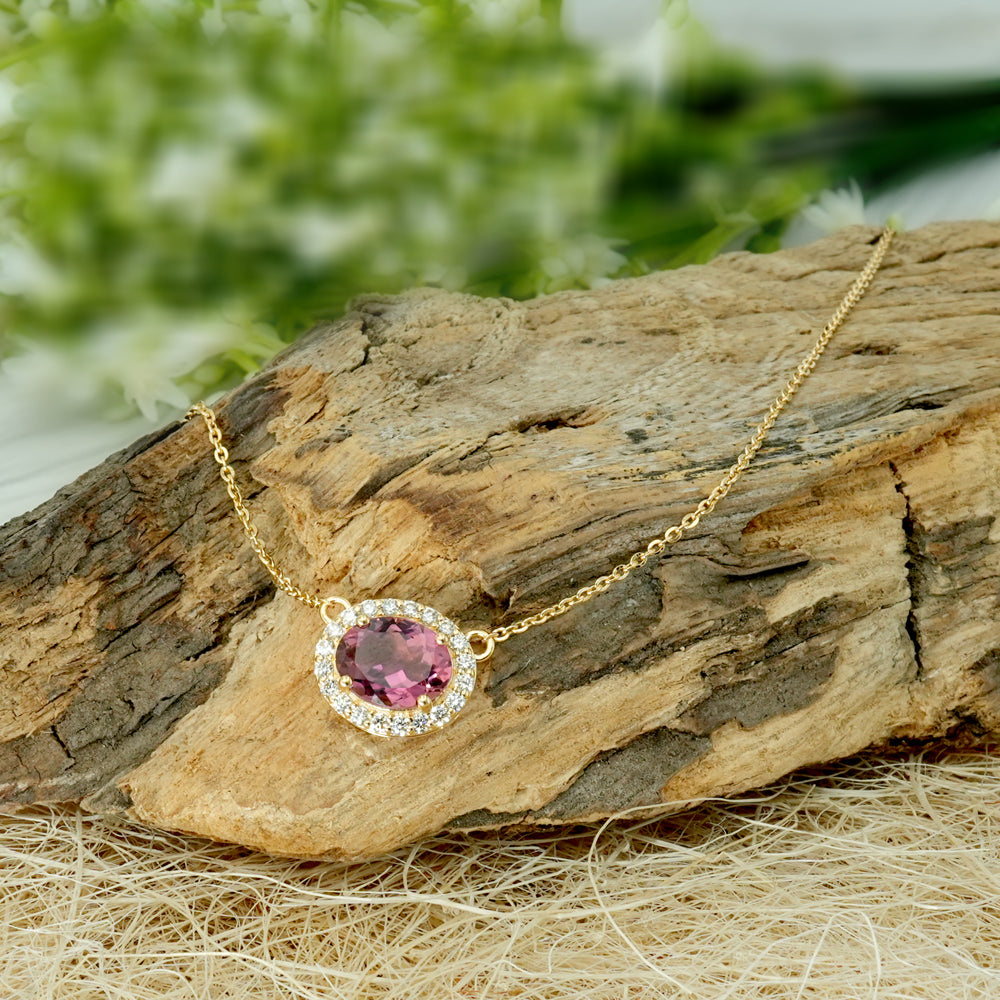 Rubellite & Natural Diamond Halo Necklace