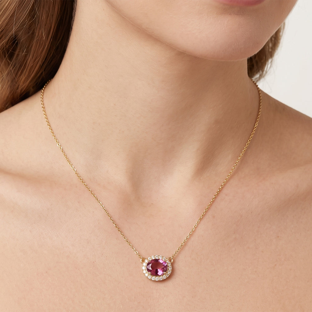 Rubellite & Natural Diamond Halo Necklace