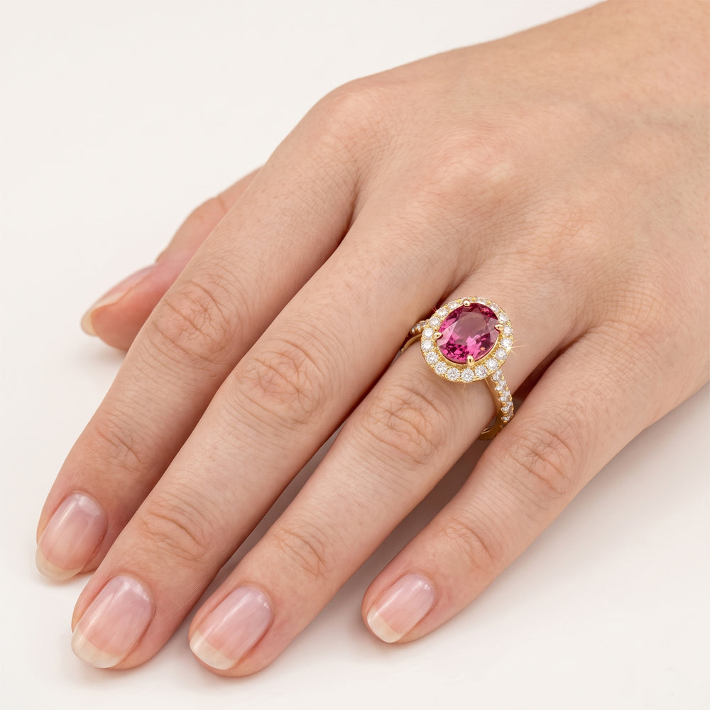 Rubellite & Natural Diamond Halo Engagement Ring