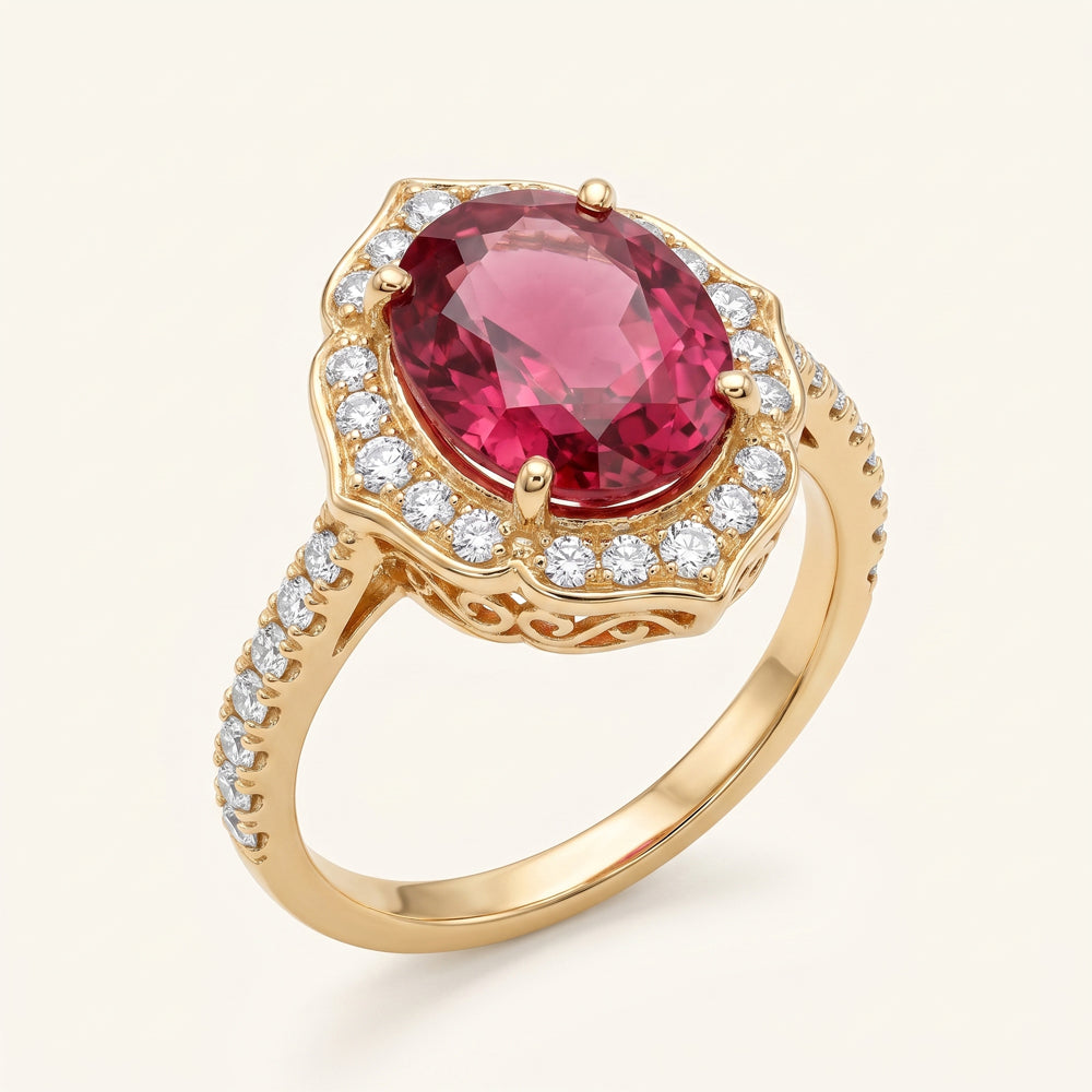 Rubellite Diamond Halo Engagement Ring