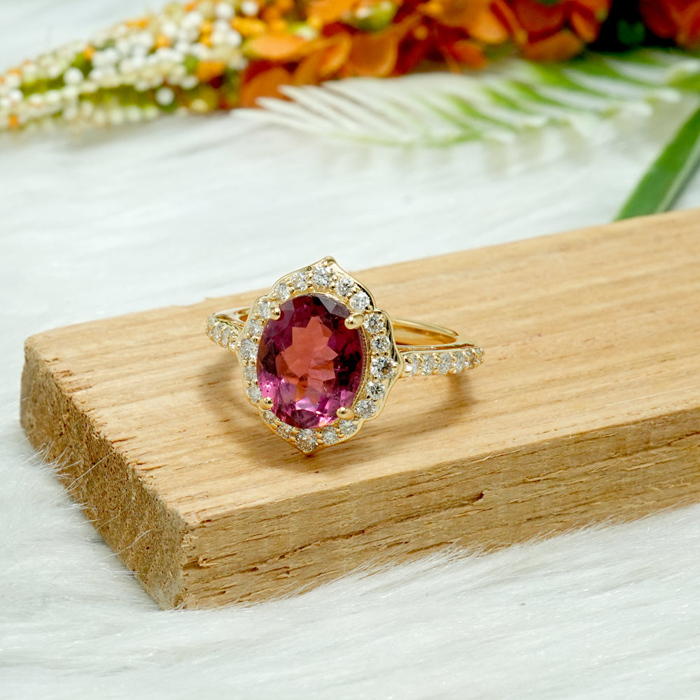 Rubellite Diamond Halo Engagement Ring