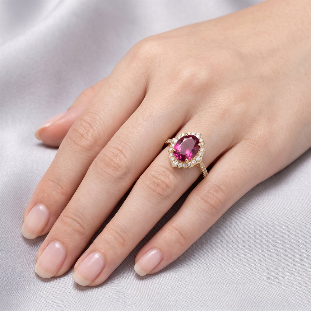 Rubellite Diamond Halo Engagement Ring