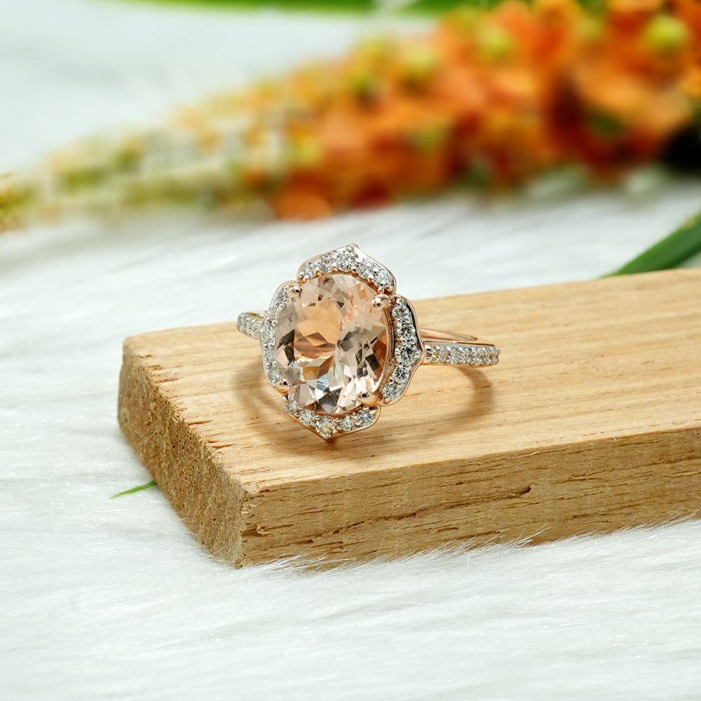 Morganite Diamond Halo Engagement Ring
