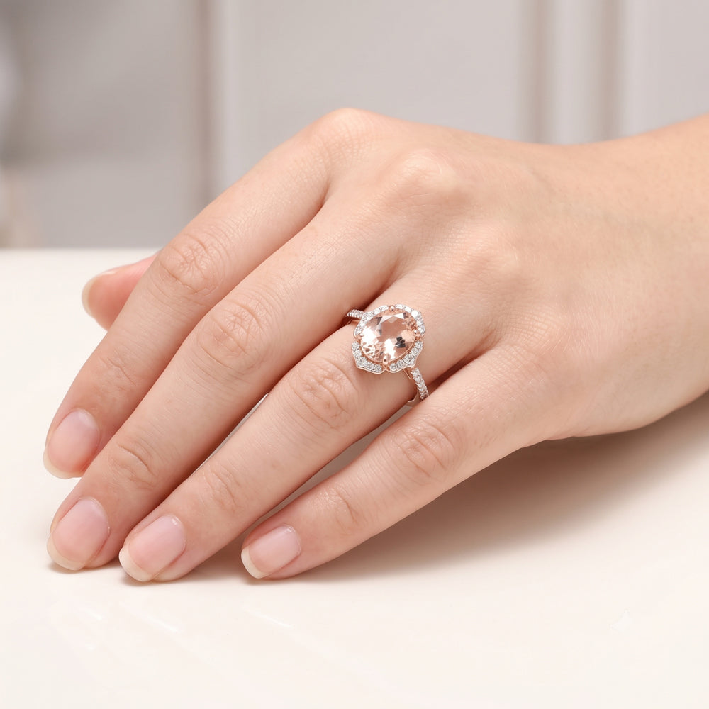 Morganite Diamond Halo Engagement Ring