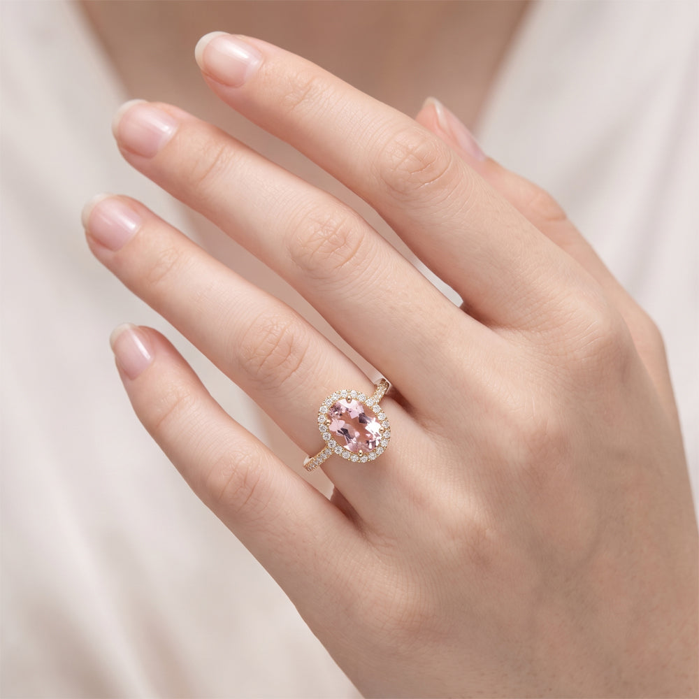 Pink Tourmaline Moissanite Halo Engagement Ring