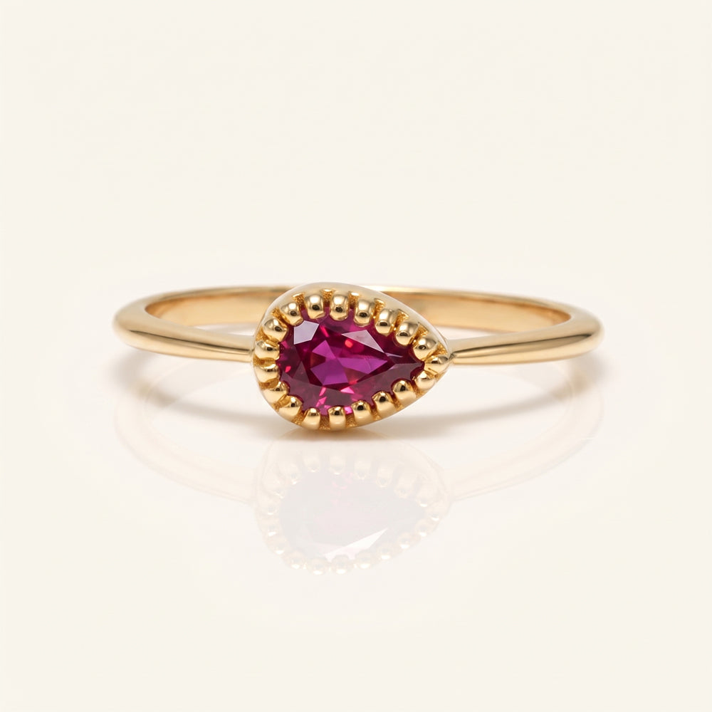 Pear Ruby Beaded Solitaire Ring