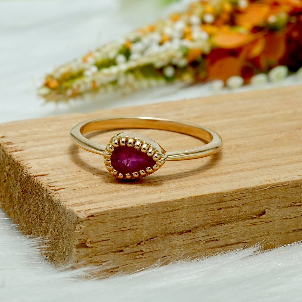 Pear Ruby Beaded Solitaire Ring