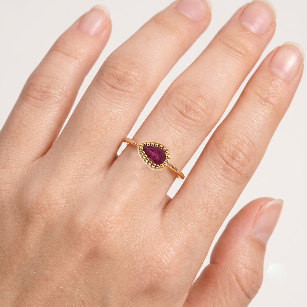 Pear Ruby Beaded Solitaire Ring